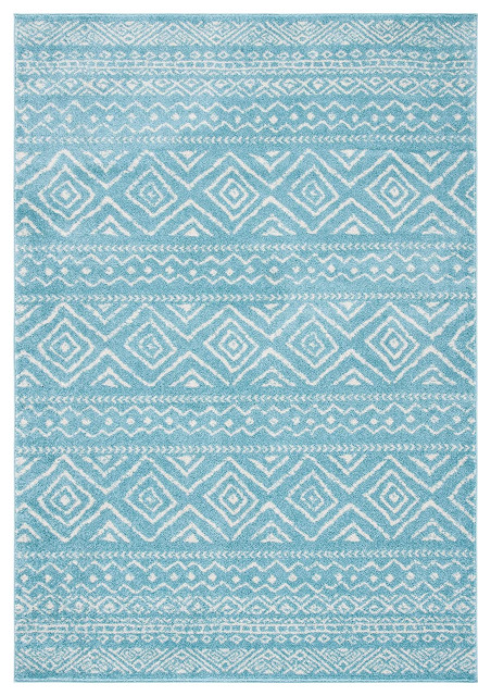Moroccan Area Rug, Distressed Design With Ivory Geometric Pattern, Turquoise