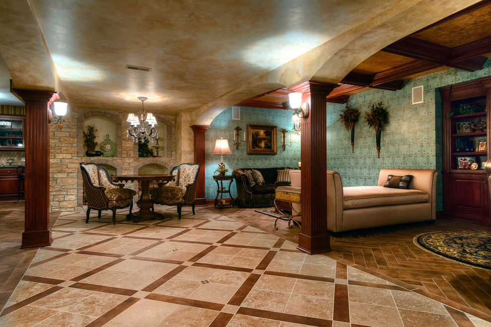 Example of a huge transitional underground ceramic tile basement design in Chicago with blue walls and no fireplace