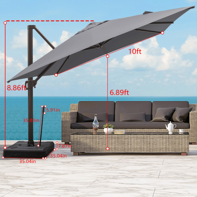 10' Dark Gray Polyester Square Tilt Cantilever Patio Umbrella With ...