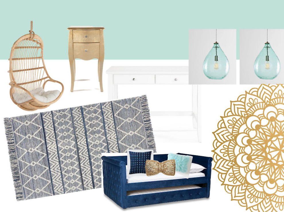 Inspiration for a mid-sized eclectic bedroom in Denver with white walls, carpet and blue floor.