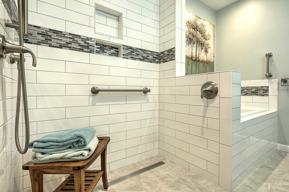 Mid-sized transitional wet room photo with shaker cabinets, turquoise cabinets and a hot tub