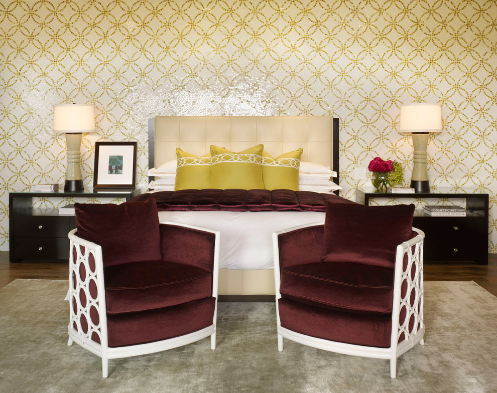 Bedroom - tropical master bedroom idea in Los Angeles with multicolored walls