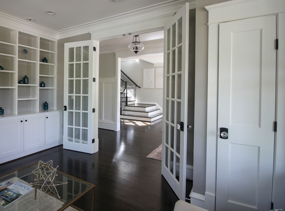 Large transitional wooden l-shaped mixed material railing staircase photo in DC Metro with painted risers