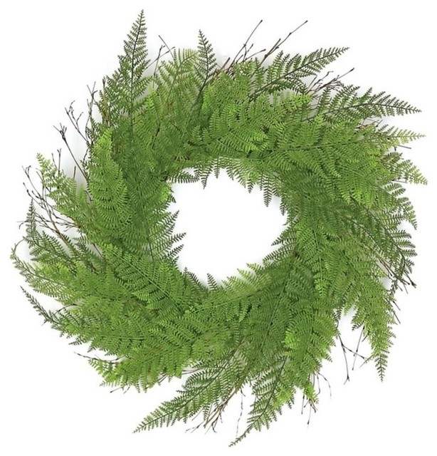 24" Decorative Green Artificial Narrow Fern Wreath, Unlit