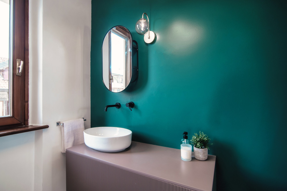 Minimalist master single-sink bathroom photo in Other with brown cabinets, green walls, a vessel sink and a floating vanity