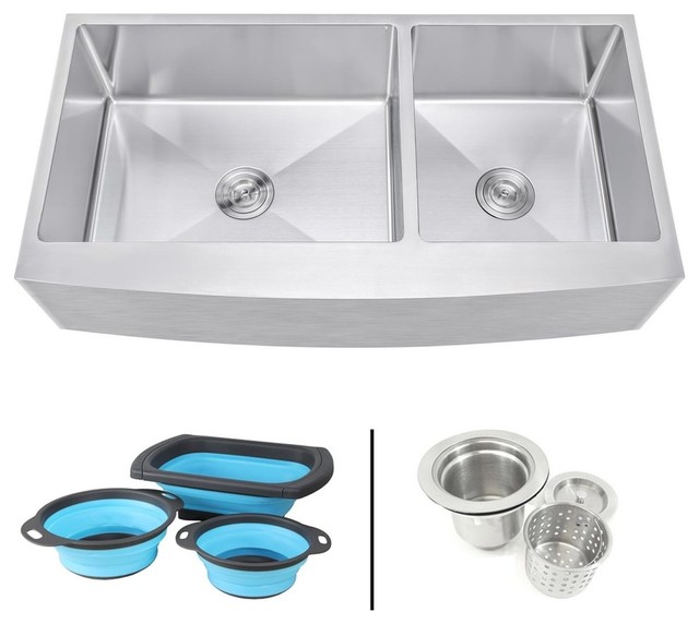 42 Apron Stainless Steel Curve Front 60 40 Double Bowl Kitchen Sink W Colanders