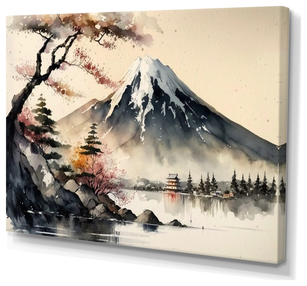 Japanese Landscape In Watercolor II Canvas, 32x16, No Frame