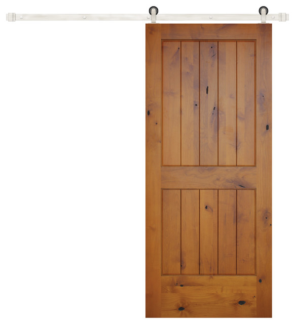 Prefinished Interior Knotty Alder 2 Panel V-Groove Barn Door, Stainless