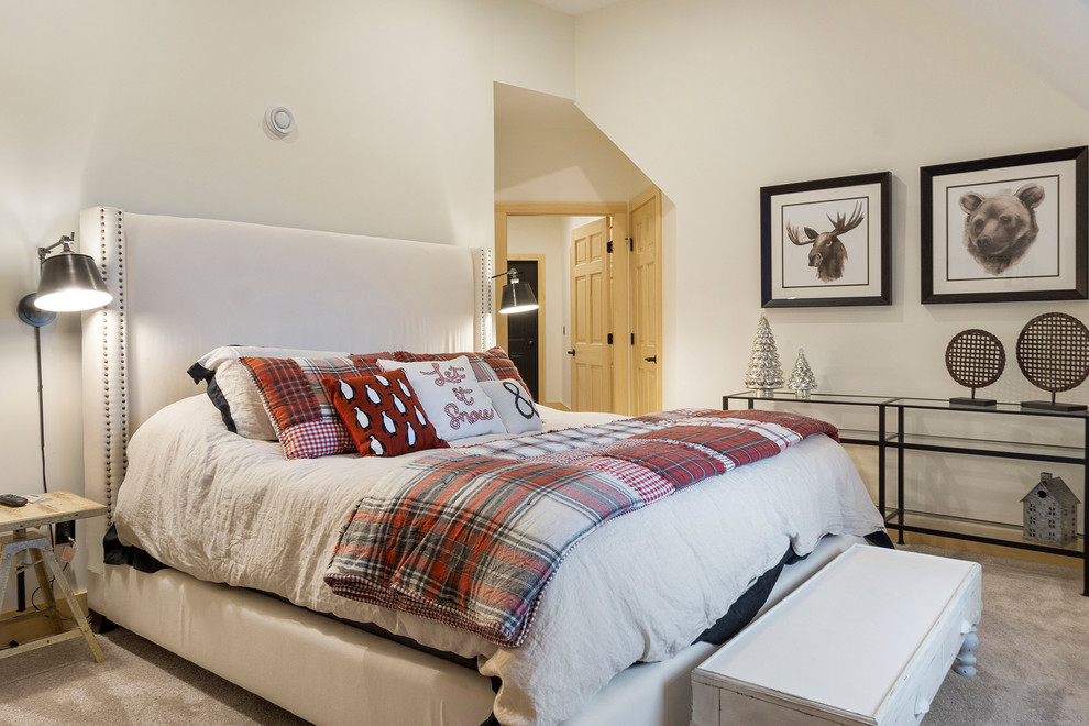 Example of a mid-sized mountain style guest carpeted and gray floor bedroom design in Boston with white walls and no fireplace