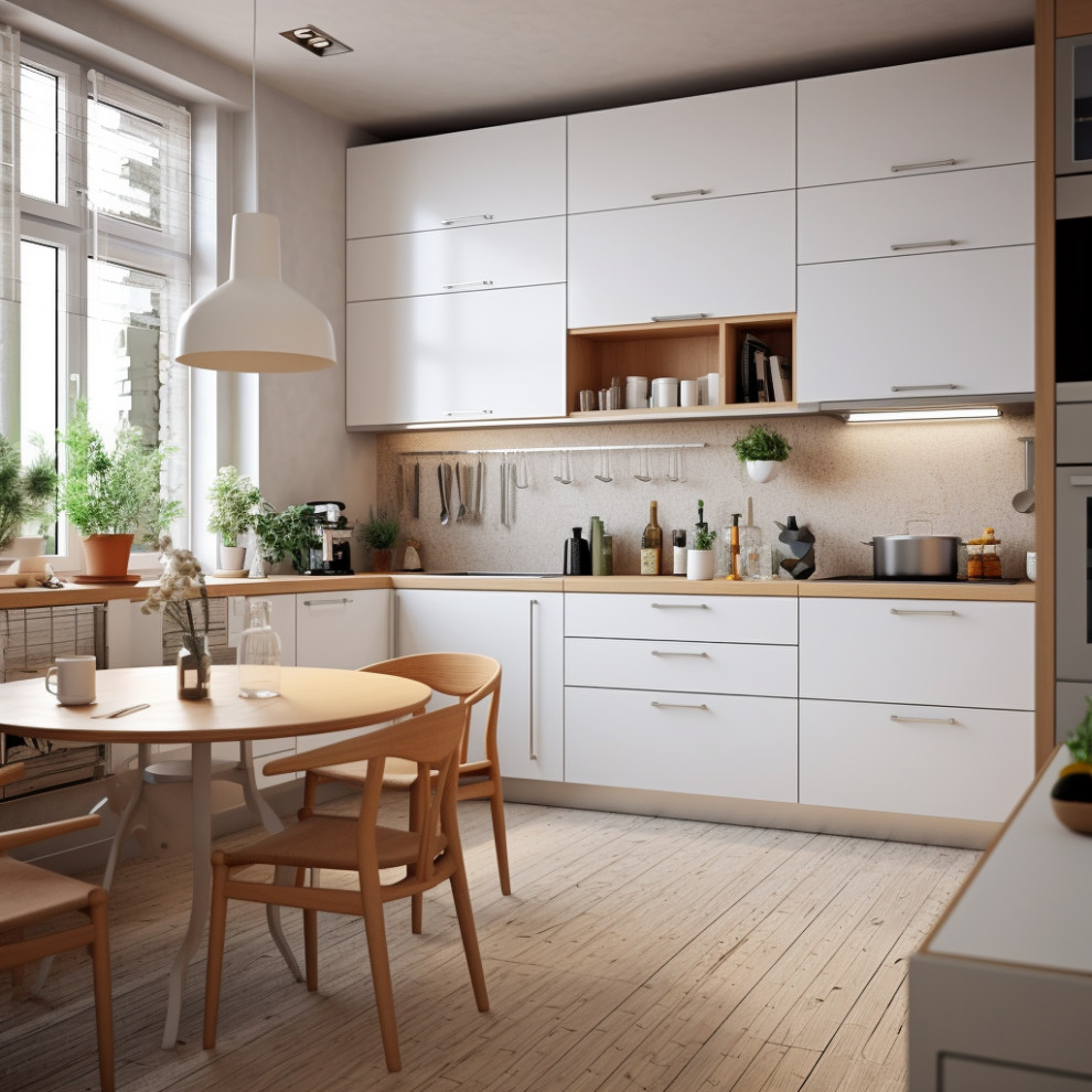 This is an example of a scandinavian kitchen in Other with an undermount sink, light hardwood floors and beige floor.