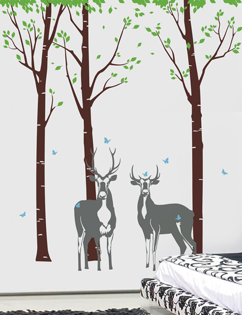 Tree Forest With Deer Wall Decal Dark Brown