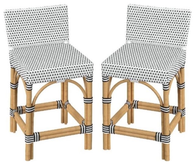 Home Square 24.5" Rattan Low Back Counter Stool in White & Black - Set ...