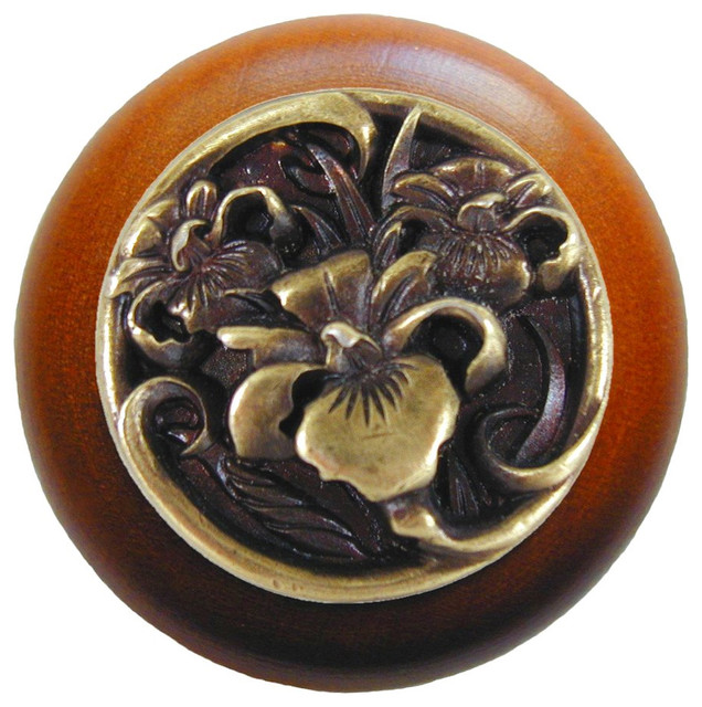 River Iris Wood Knob, Antique Brass, Cherry Wood Finish, Dimensions 1