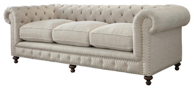 98 Beige Linen Chesterfield Cigar Club Style Sofa Traditional 98 Beige Linen Chesterfield Cigar Club Style Sofa
