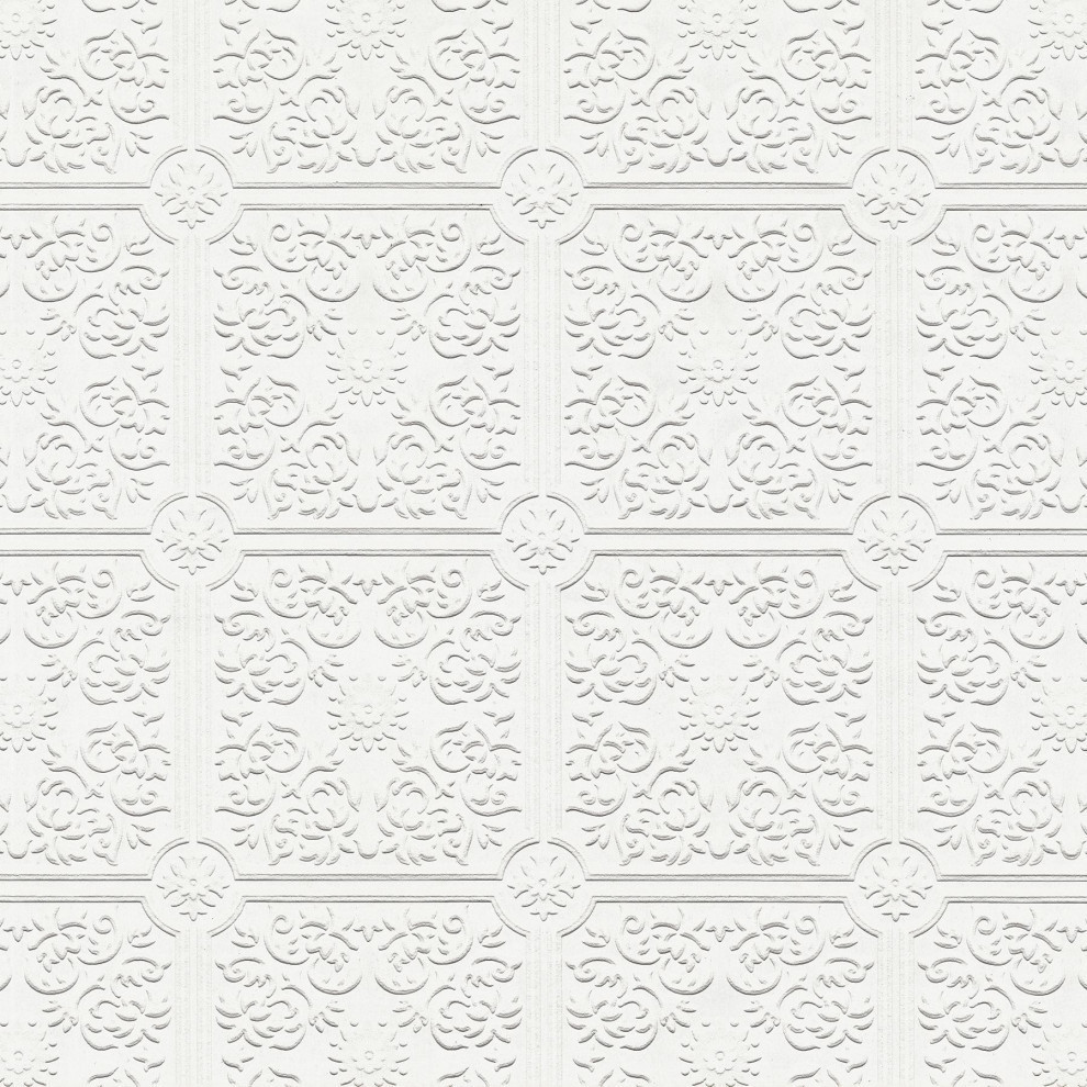 400096291 Nico White Tin Ceiling Square Paintable Wallpaper Expanded