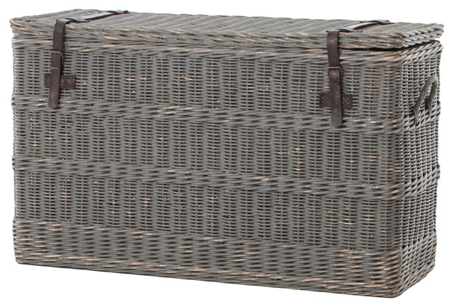Florin Rustic Lodge Gray Leather Strap Wicker Trunk Tropical Florin Rustic Lodge Gray Leather Strap Wicker Trunk Tropical Decorative Trunks