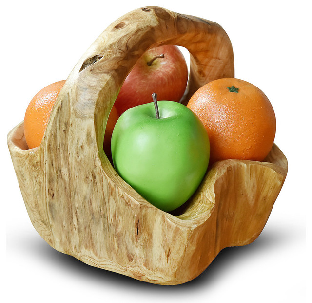 Hand Carved Wooden Basket, Large Rustic Fruit Bowls And Baskets