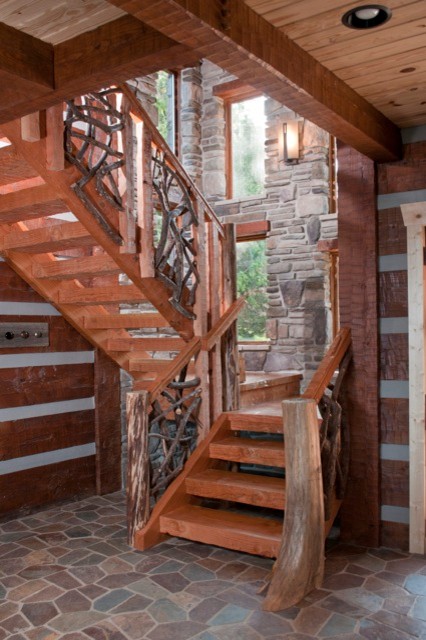 Staircase - large rustic wooden l-shaped open staircase idea