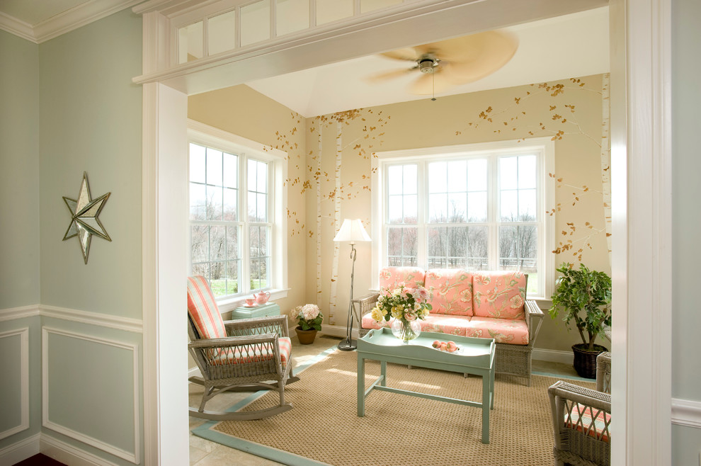 This is an example of a traditional enclosed family room in Boston with beige walls.