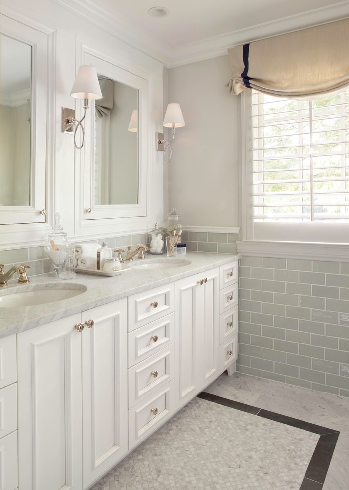 Design ideas for a small traditional master bathroom in Denver with recessed-panel cabinets, white cabinets, a corner shower, a one-piece toilet, green tile, ceramic tile, green walls, marble floors, an undermount sink and marble benchtops.