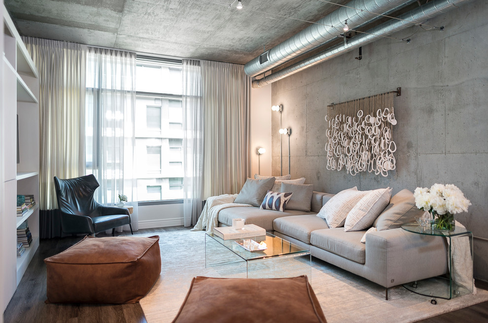Inspiration for a small industrial vinyl floor living room remodel in Los Angeles with gray walls, no fireplace and a wall-mounted tv