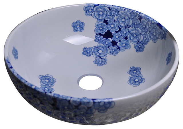 Dawn Ceramic Hand Painted Vessel Sink Round Shape Blue And White