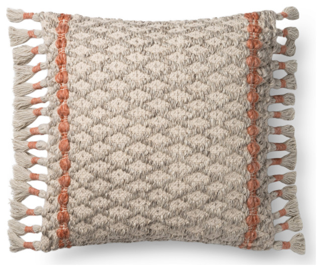 Dyed Wool With Tassels 22"x22" Decorative Pillow, Gray/Rust, Down/Feather