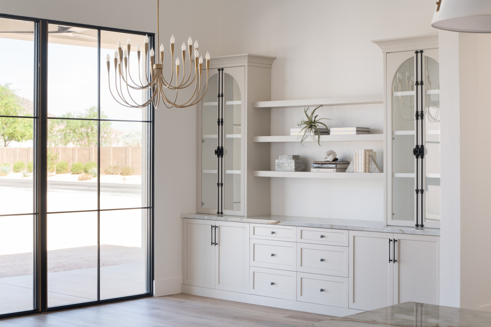 Open concept kitchen - large transitional open concept kitchen idea in Phoenix with shaker cabinets, beige cabinets and two islands