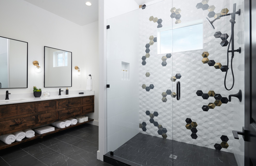 Inspiration for a contemporary bathroom in Austin with flat-panel cabinets, dark wood cabinets, an alcove shower, multi-coloured tile, white walls, an undermount sink, black floor, a hinged shower door, white benchtops, a niche, a double vanity and a floating vanity.