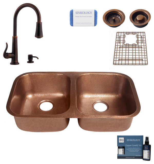 Kandinsky 32.25" Undermount Copper Kitchen Sink, Ashfield Faucet and Drains