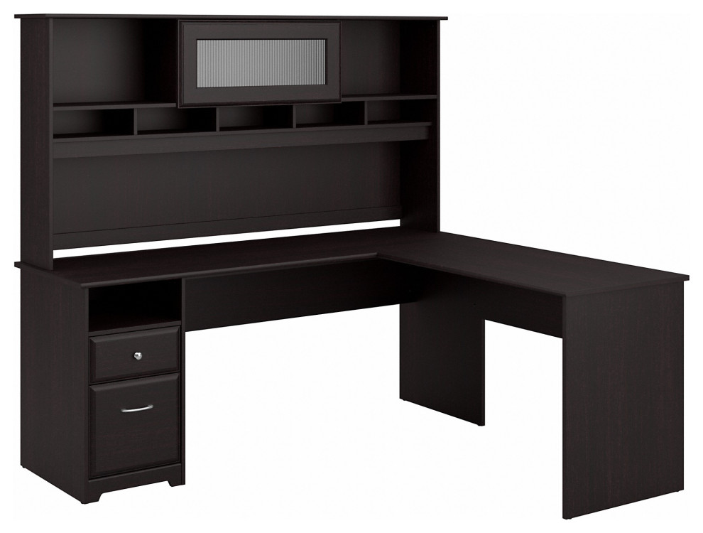 Cabot L Shaped Computer Desk With Hutch and Drawers Transitional
