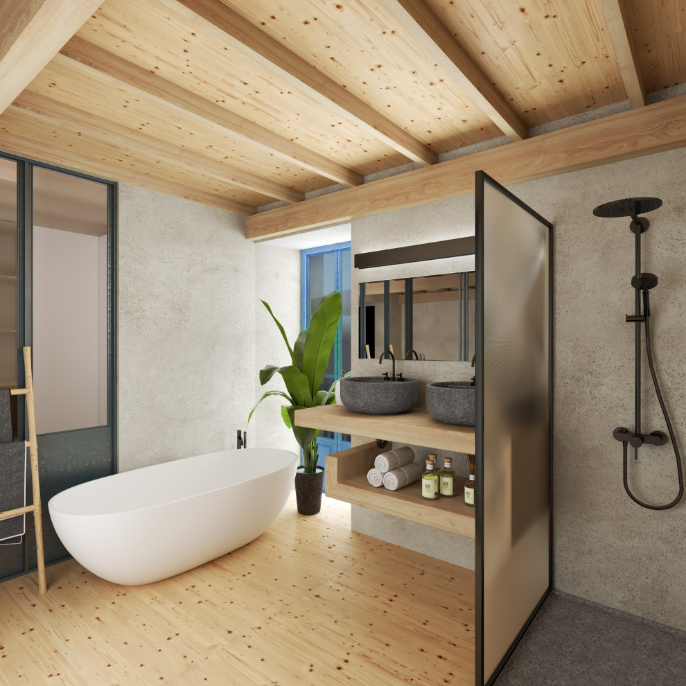 Scandinavian master bathroom in Other with open cabinets, grey cabinets, a freestanding tub, a curbless shower, medium hardwood floors, a vessel sink, wood benchtops, a double vanity, a floating vanity and exposed beam.