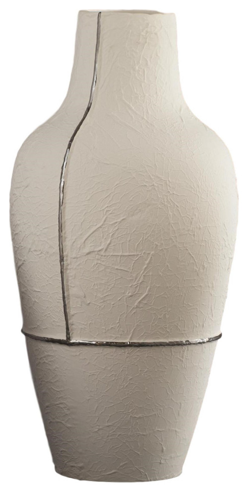 Elegant Matte White Silver Vase 17.5" Crinkled Parchment Paper Texture