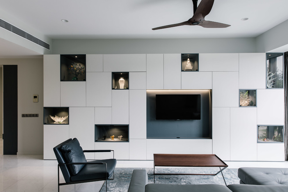 This is an example of a contemporary living room in Singapore with grey walls, no fireplace and a wall-mounted tv.
