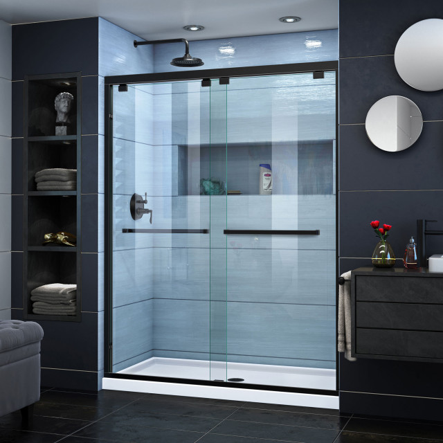 DreamLine Encore 32"D x 60"W Shower Door, Satin Black Center Drain White Base Contemporary