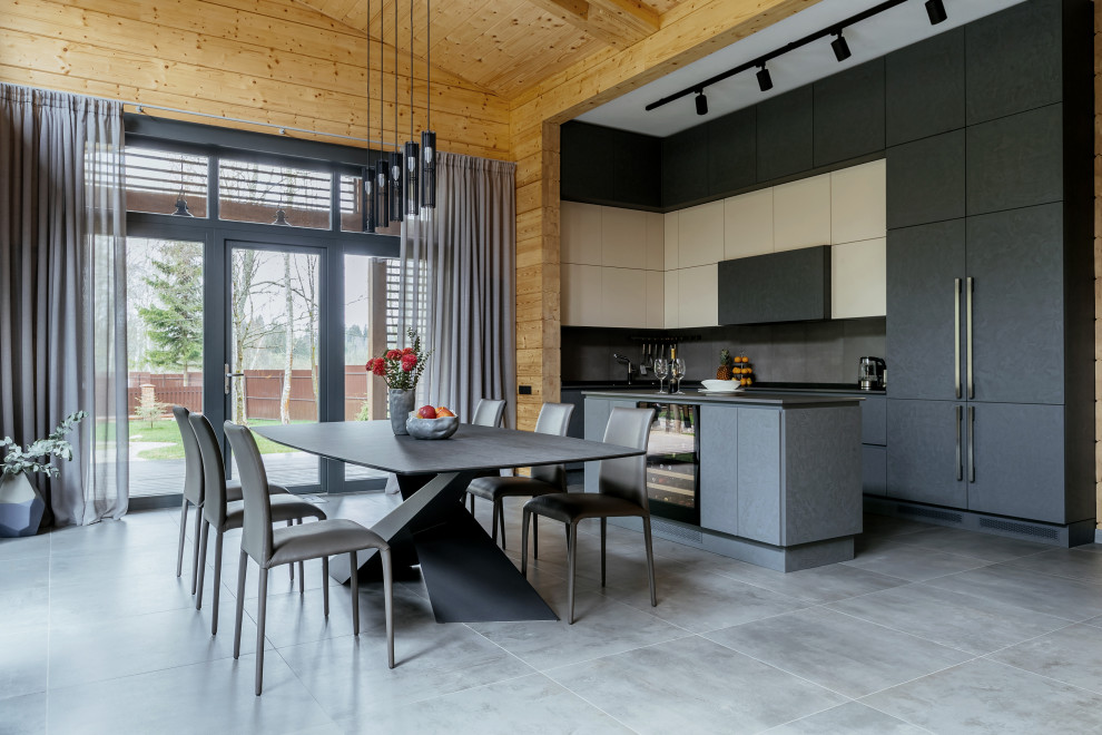 This is an example of a contemporary l-shaped kitchen in Moscow with flat-panel cabinets, grey cabinets, grey splashback, panelled appliances, with island, grey floor, grey benchtop, exposed beam and wood.