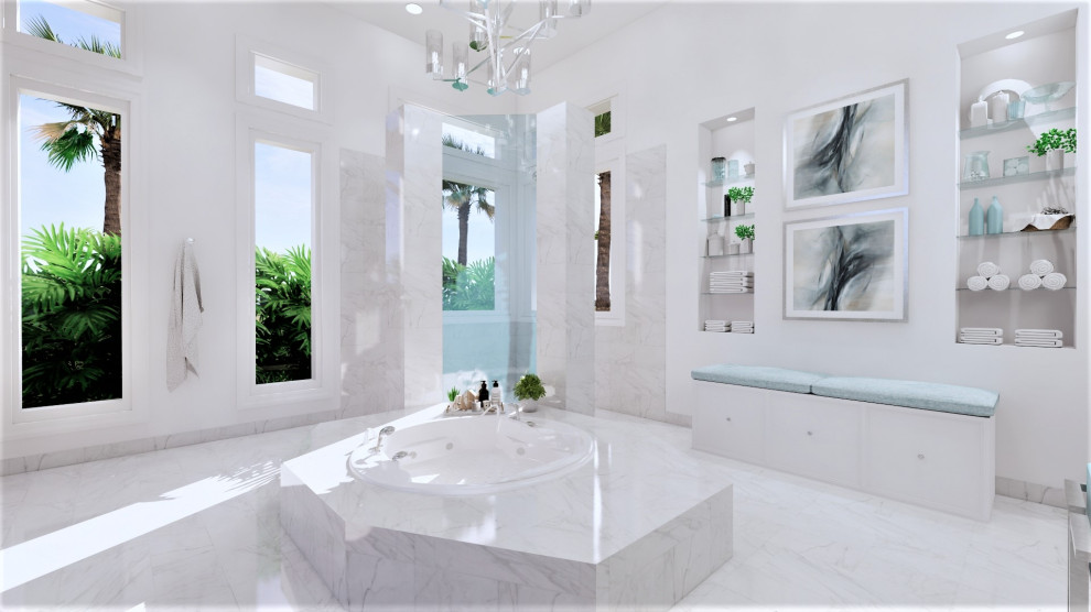 Idéer för att renovera ett stort funkis vit vitt en-suite badrum, med skåp i shakerstil, vita skåp, ett platsbyggt badkar, en öppen dusch, en toalettstol med hel cisternkåpa, vit kakel, porslinskakel, vita väggar, klinkergolv i porslin, ett undermonterad handfat, bänkskiva i kvartsit, vitt golv och med dusch som är öppen