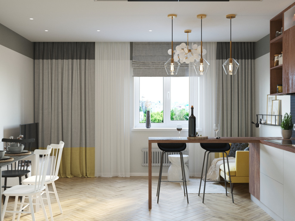 Лимонный меланж: солнечная и уютная кухня-гостиная.