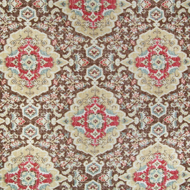 Moroccan Red Brown Asian Medallion Linen Print Upholstery Fabric Mediterranean Upholstery