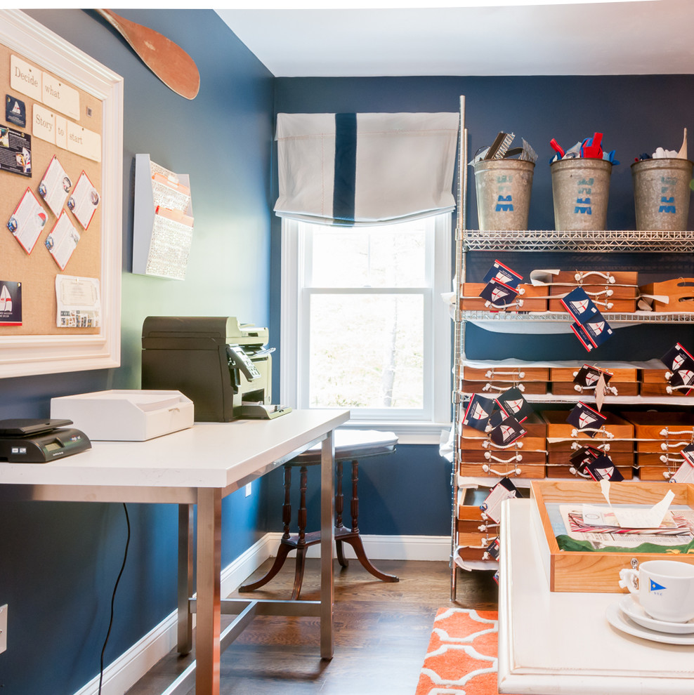 Inspiration for a transitional craft room in Other with blue walls.