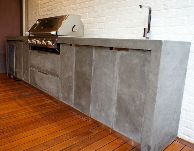 Outdoor Kitchen with Polished Concrete bench top, doors 