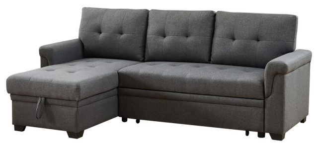 Destiny Linen Reversible Sleeper Sectional Sofa With Storage Chaise, Dark Gray