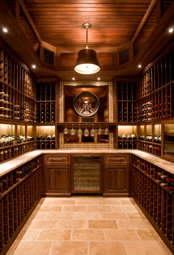 Design ideas for an expansive beach style wine cellar in New York with ceramic floors, display racks and orange floor.