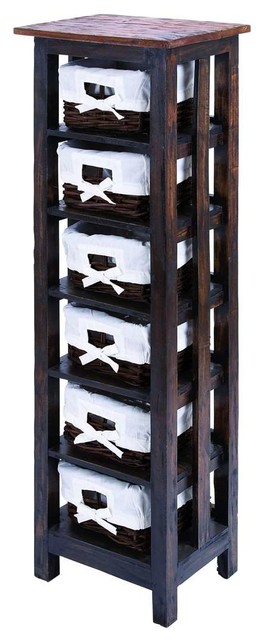 Traditional wooden rattan storage table with 6 shelves