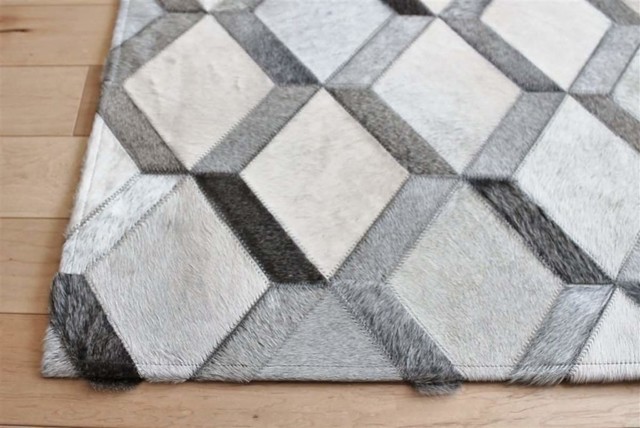 Madisons Grey 3d Diamond Pattern, Patchwork Cowhide Rug Gray