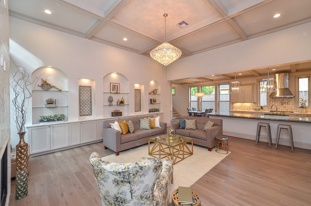 This is an example of a transitional family room in Houston.