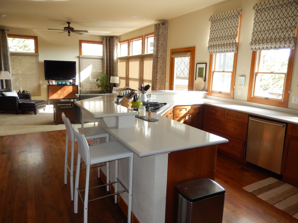 Example of a transitional home design design in Denver