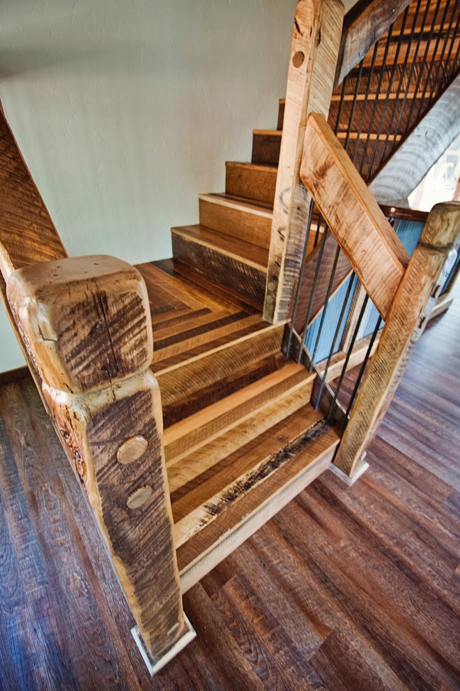 Staircase - large rustic wooden l-shaped wood railing staircase idea with metal risers