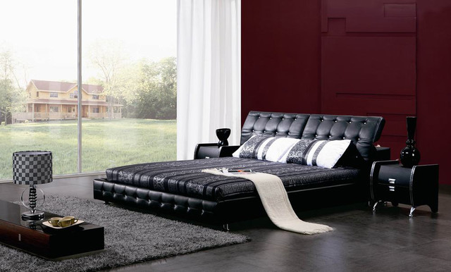 Buttoned Black Leather Bed with Adjustable Headboard