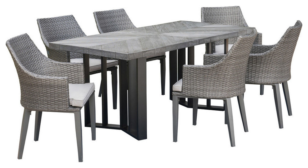 GDF Studio 7-Piece Athena Outdoor Wicker Dining Set, Textured Gray Oak/ Gray/Light Gray